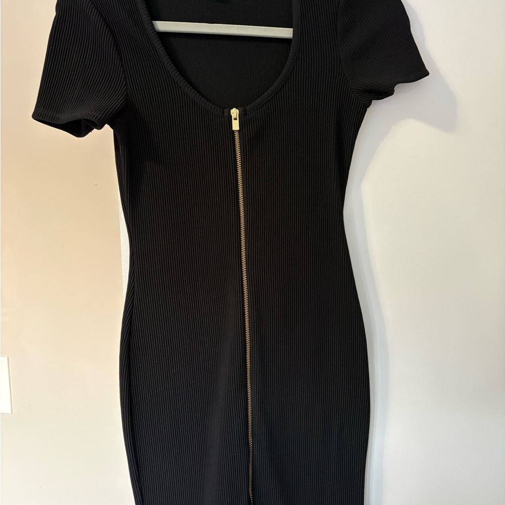 Express Black Ribbed Mini Dress with Gold Zipper